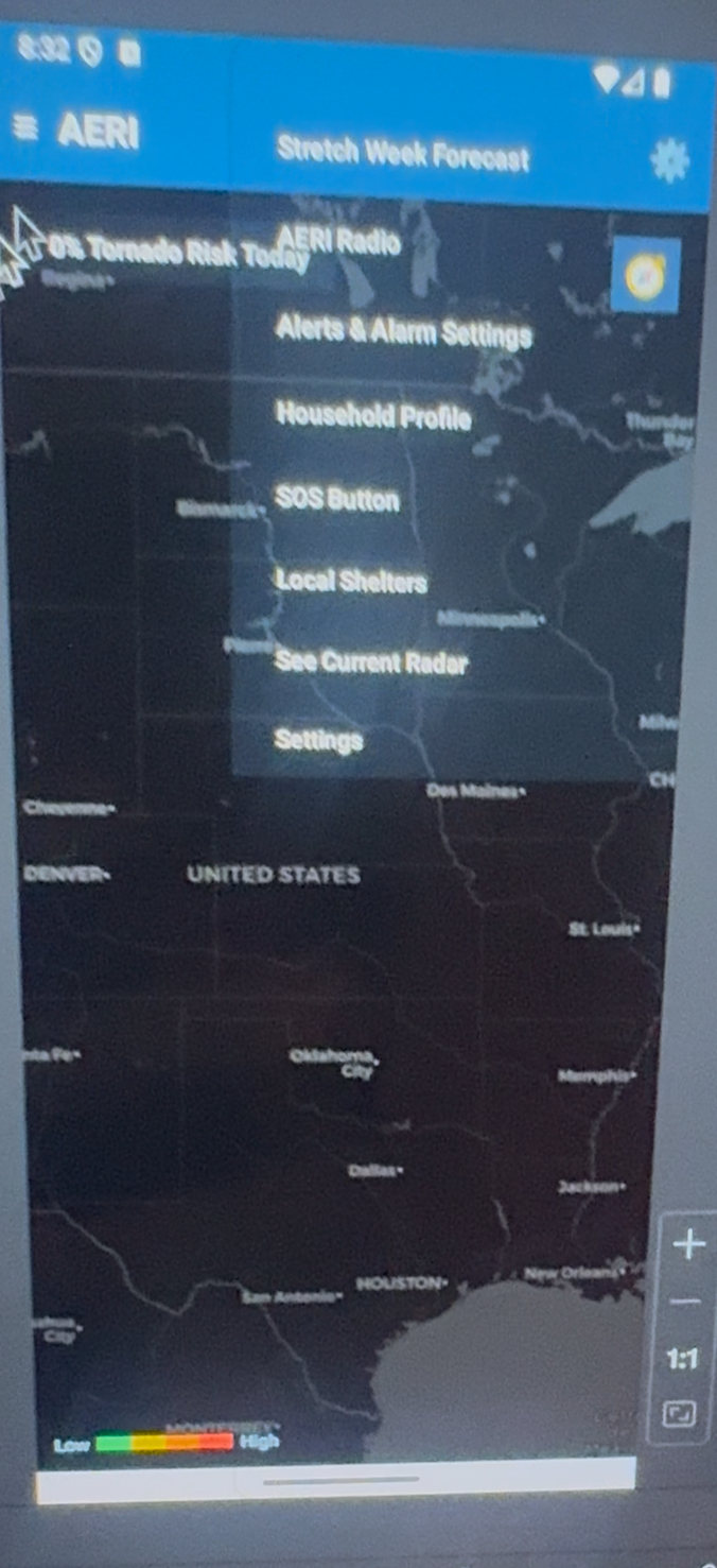 July Android forecast map screen with slide-out menu.