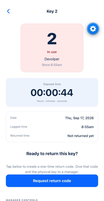 KeyAudit checked-out key screen with elapsed time and return request action.