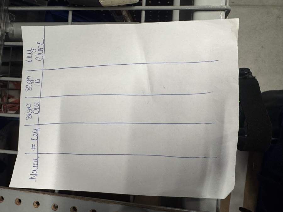Paper key sign-out sheet showing the original manual process.