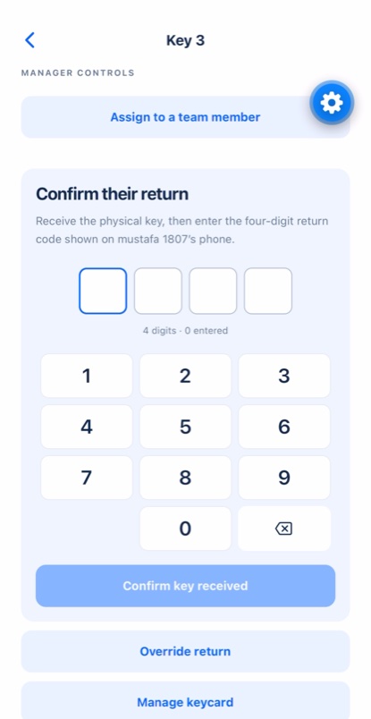 KeyAudit manager keypad for confirming a returned key.