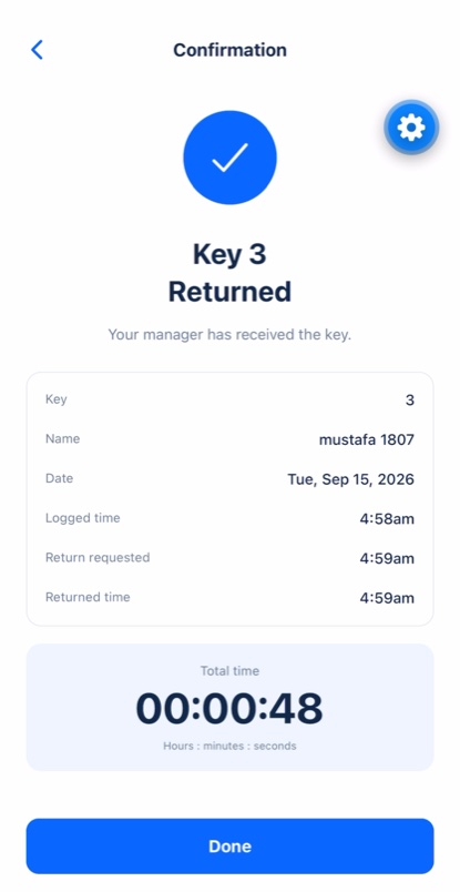 KeyAudit returned confirmation screen with logged and returned times.
